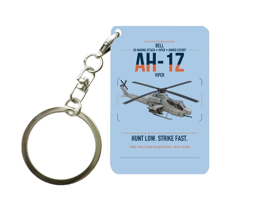 Bell AH-1Z Viper design on light blue designed key chain, double-side print