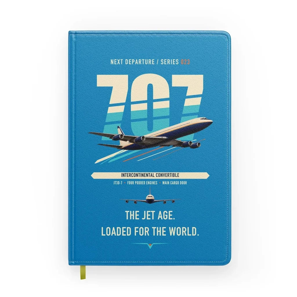 Boeing 707-320C design on turquoise notebook