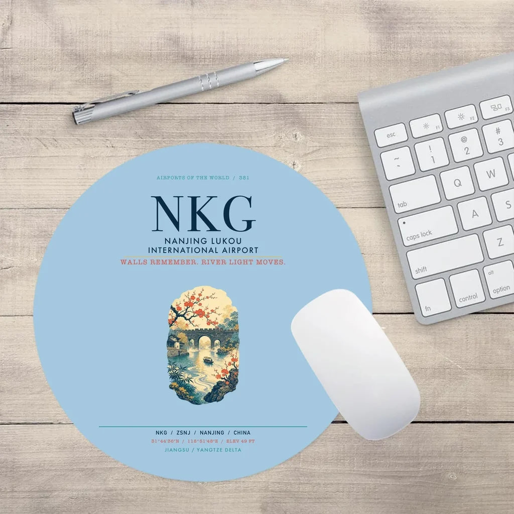 Nanjing Lukou International Airport (NKG) design on light blue round mouse pad