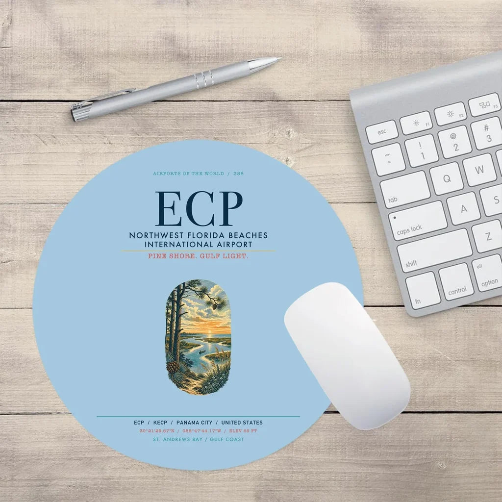Northwest Florida Beaches International Airport (ECP) design on light blue round mouse pad