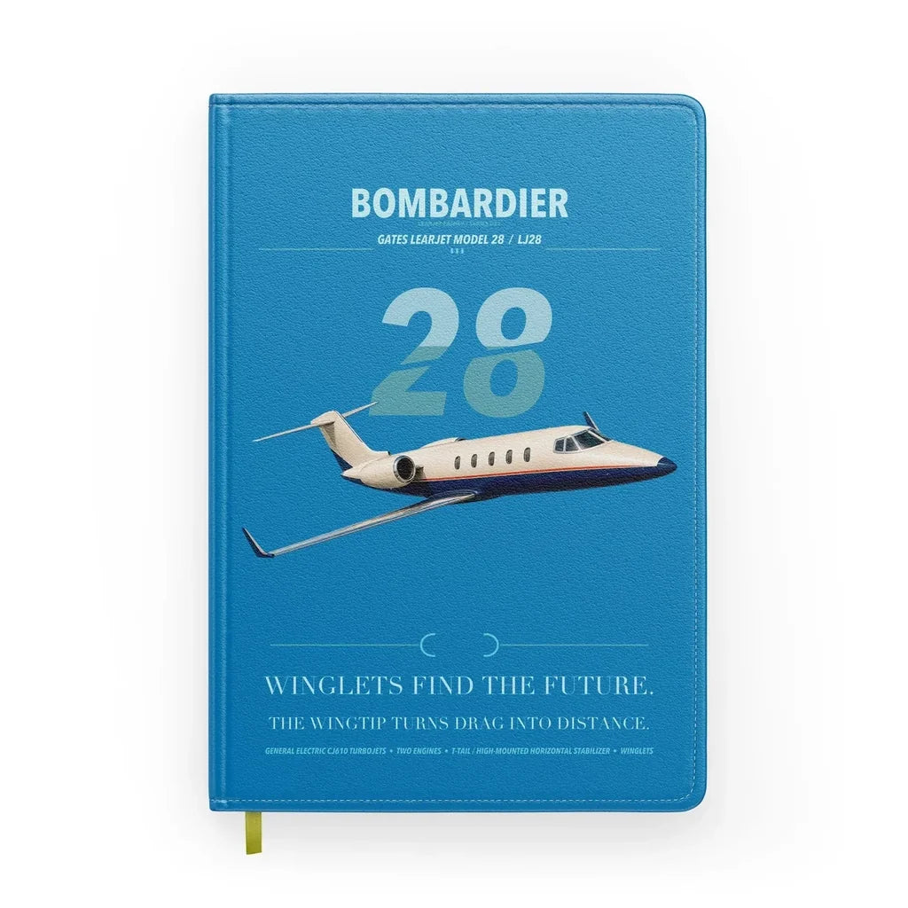Bombardier Learjet 28 design on turquoise notebook