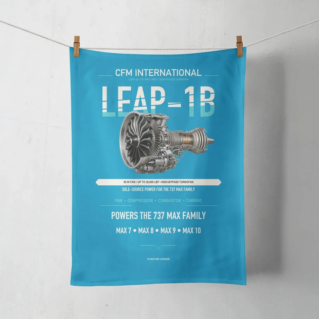 CFM LEAP-1B design on turquoise towel