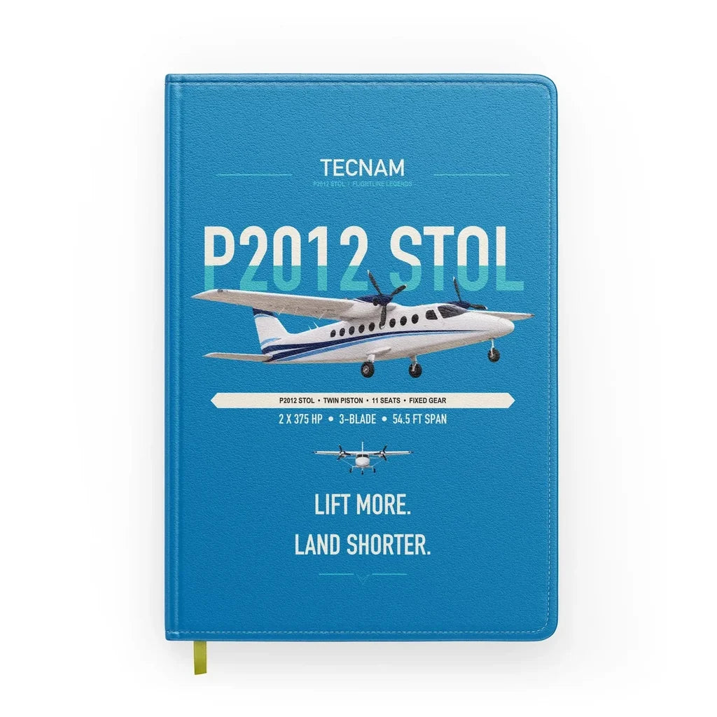 Tecnam P2012 STOL design on turquoise notebook