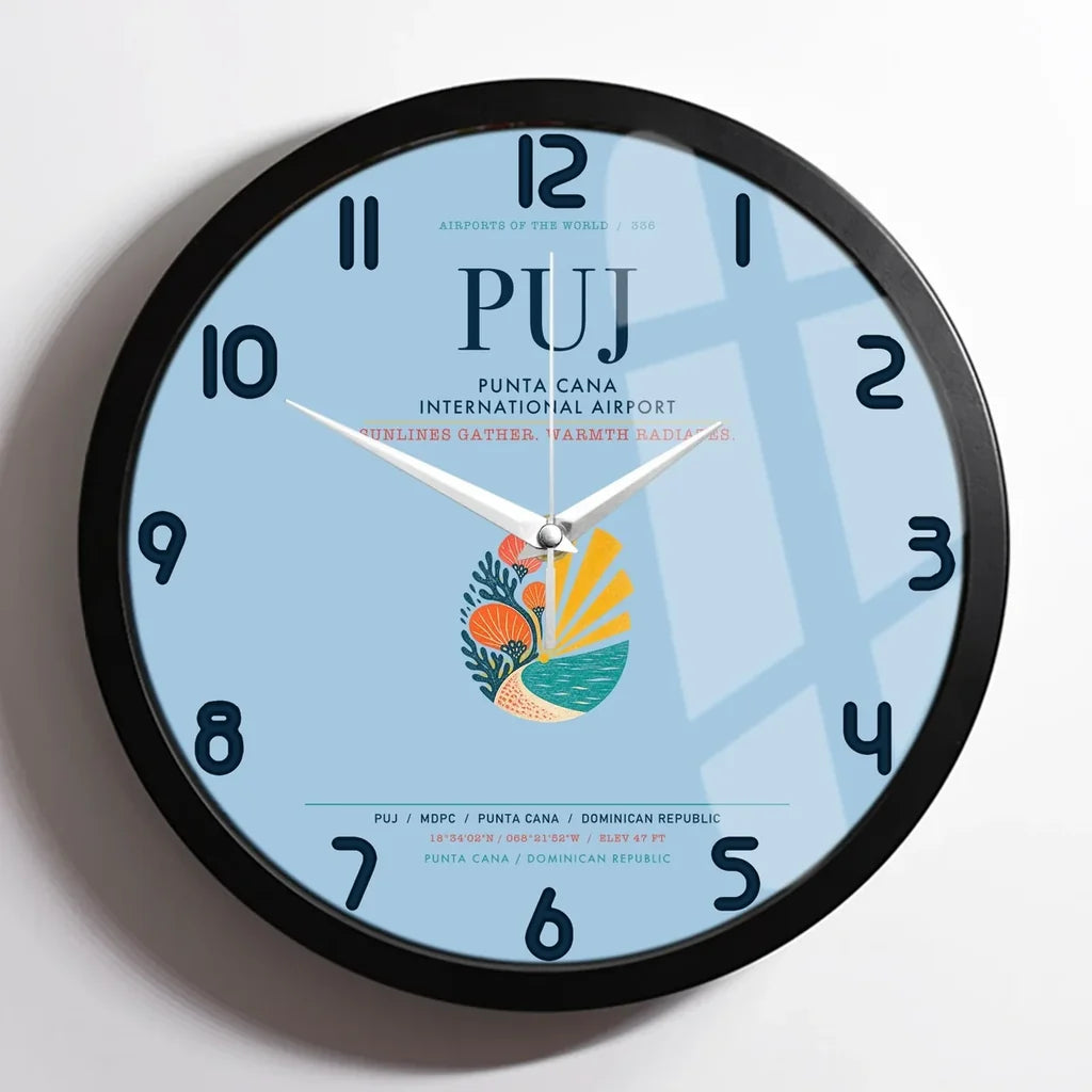 Punta Cana International Airport (PUJ) design on light blue framed wall clock