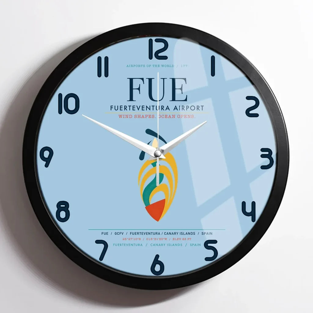 Fuerteventura Airport (FUE) design on light blue framed wall clock