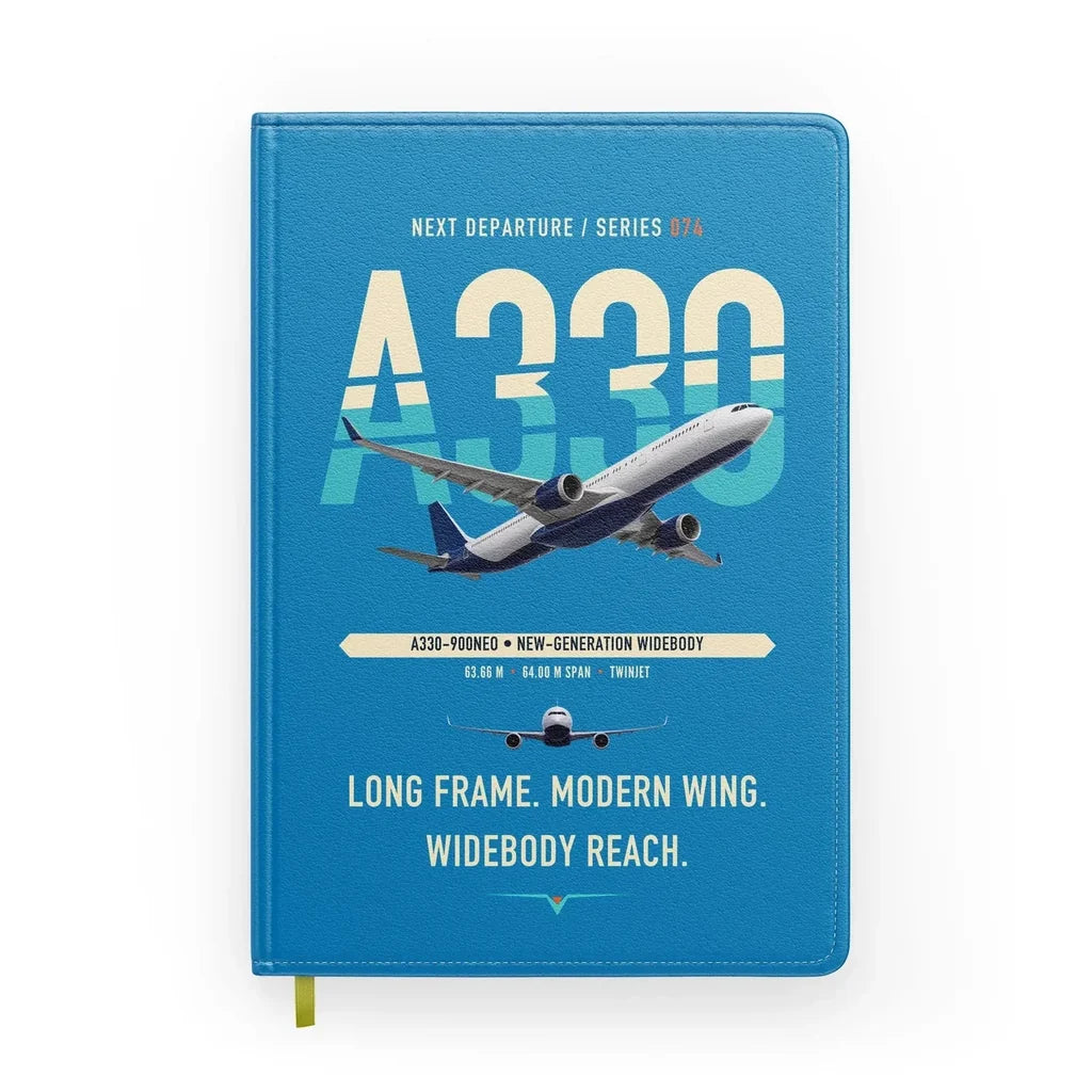 Airbus A330-900neo design on turquoise notebook