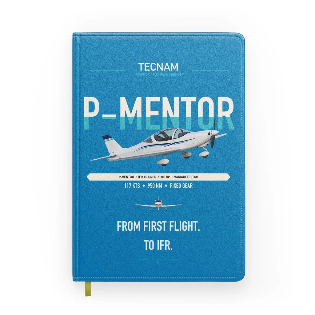 Tecnam P-Mentor design on turquoise notebook
