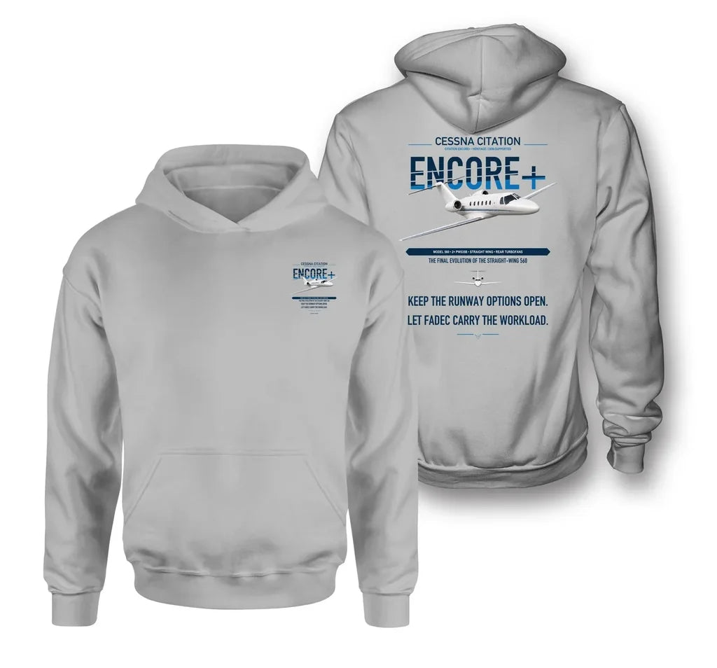 Cessna Citation Encore+ design on light gray double-side hoodie, double-side print