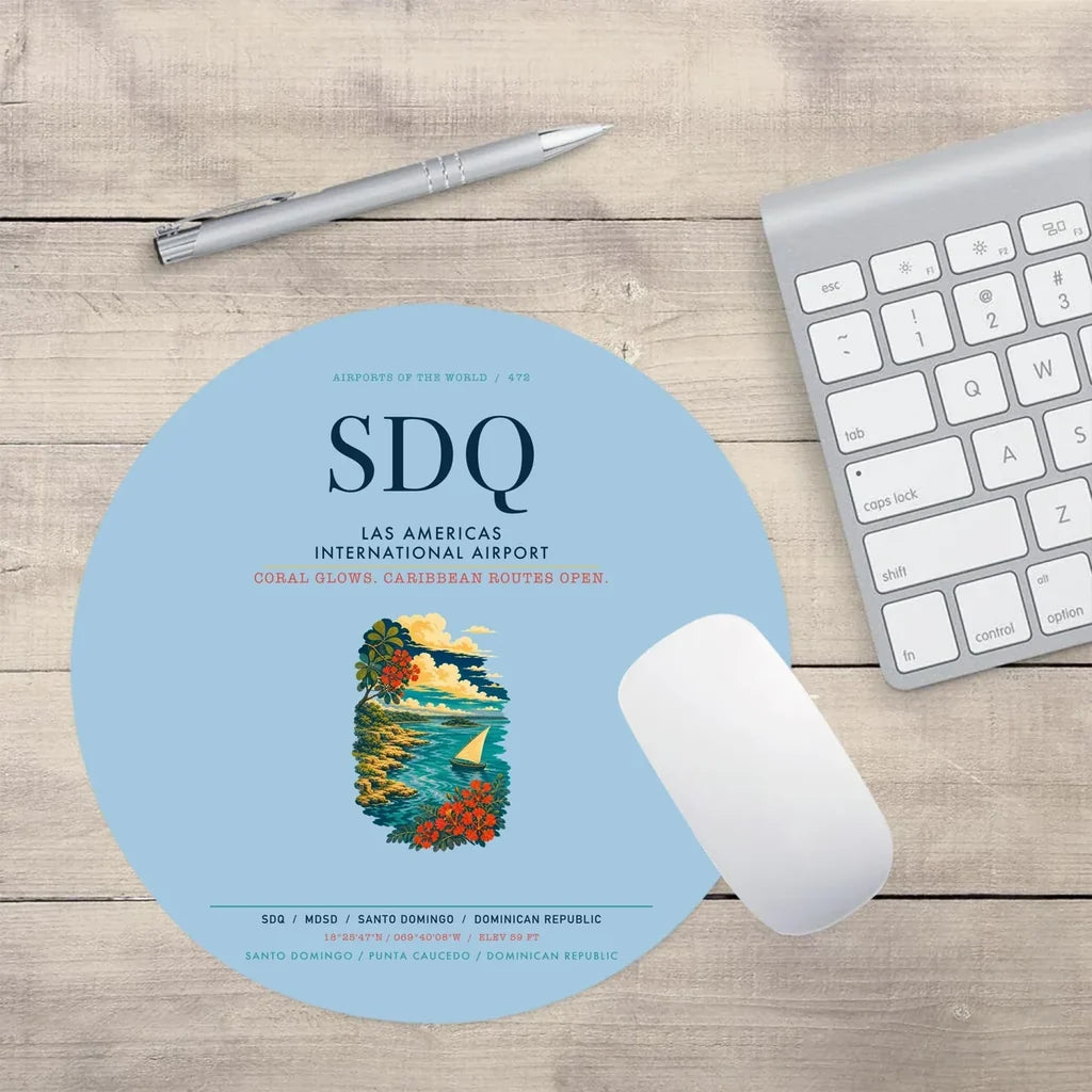 Las Americas International Airport (SDQ) design on light blue round mouse pad