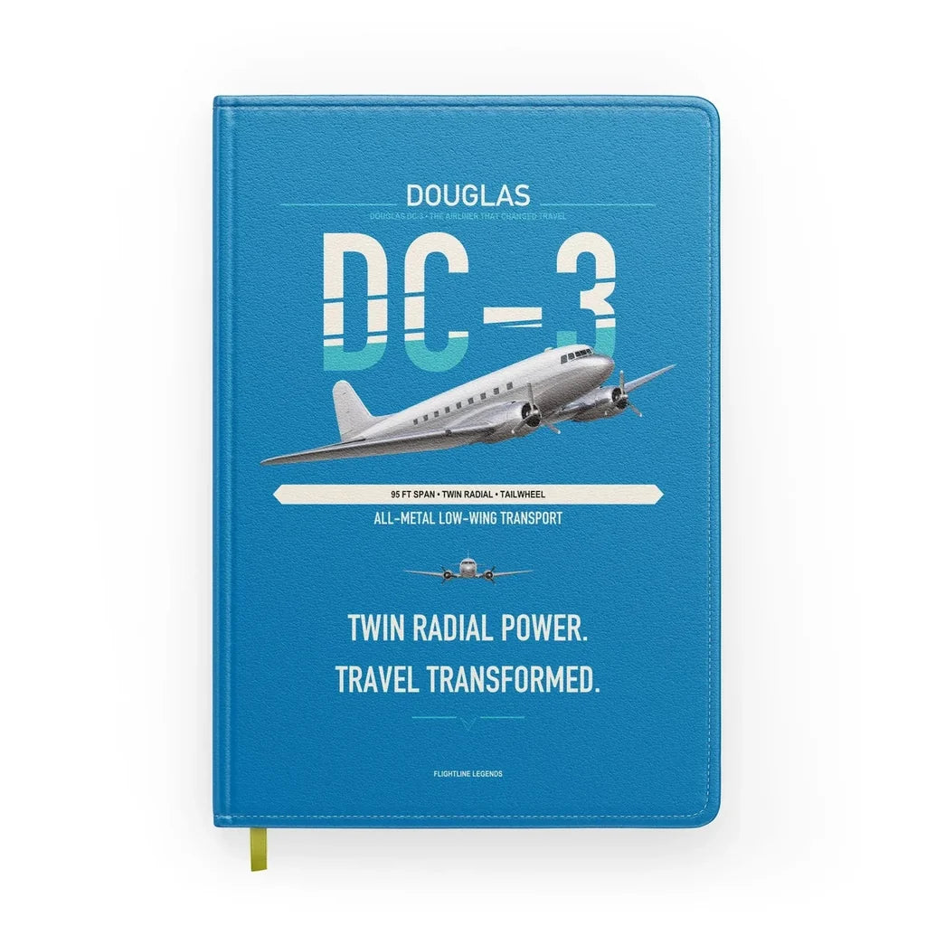 Douglas DC-3 design on turquoise notebook