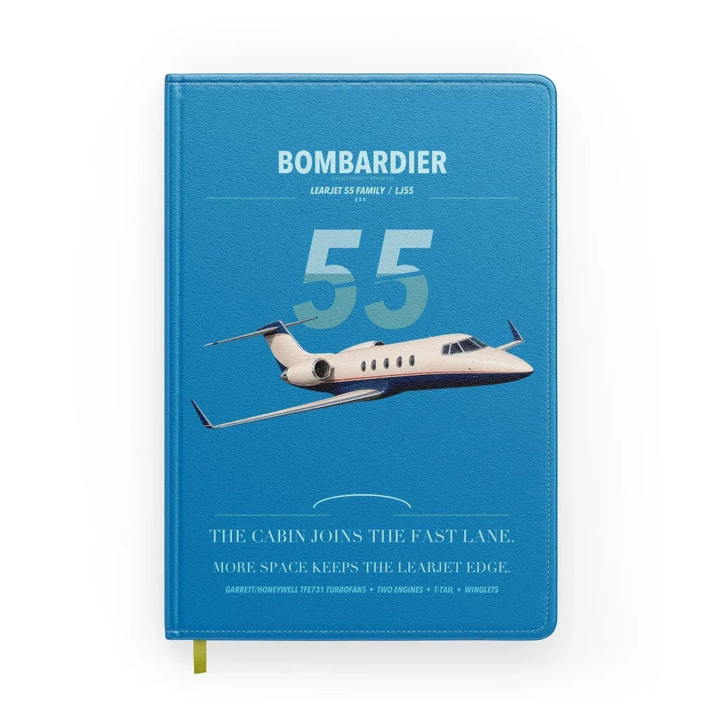 Bombardier Learjet 55 design on turquoise notebook
