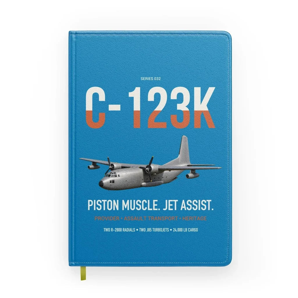 C-123K Provider design on turquoise notebook