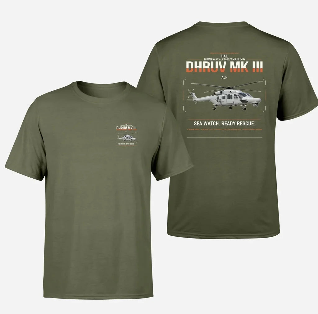 HAL ALH Dhruv Mk III design on green army t-shirt, double-side print