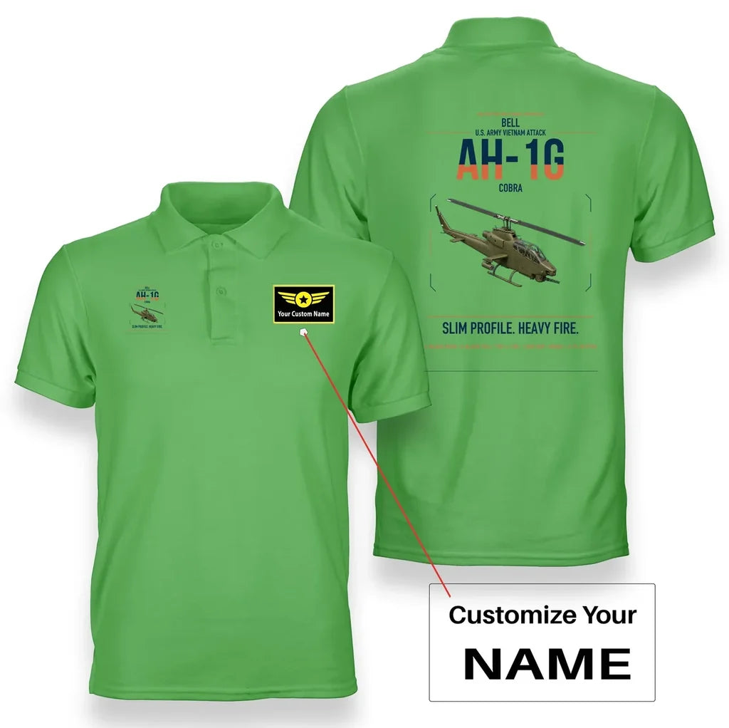 Bell AH-1G Cobra design on light green+name double-side polo t-shirt, double-side print