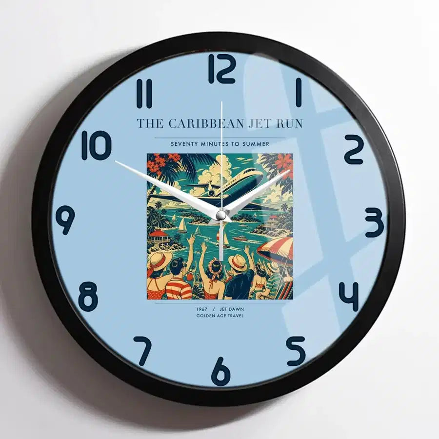 VINTAGE G4122 - The Caribbean Jet Run - Designed Wall Clocks design on lightblue framed