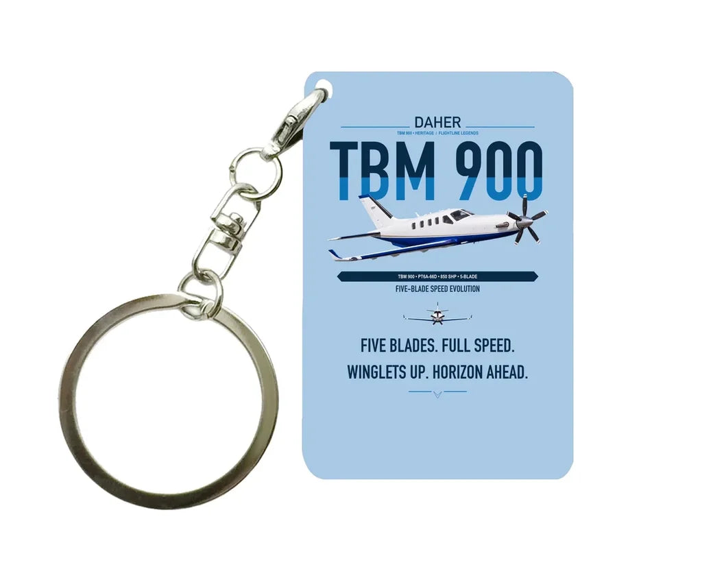 Daher TBM 900 design on light blue designed key chain, double-side print