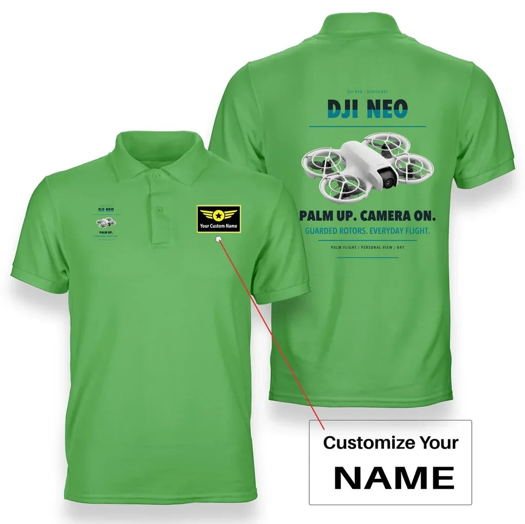 DJI Neo design on light green polo with custom name badge
