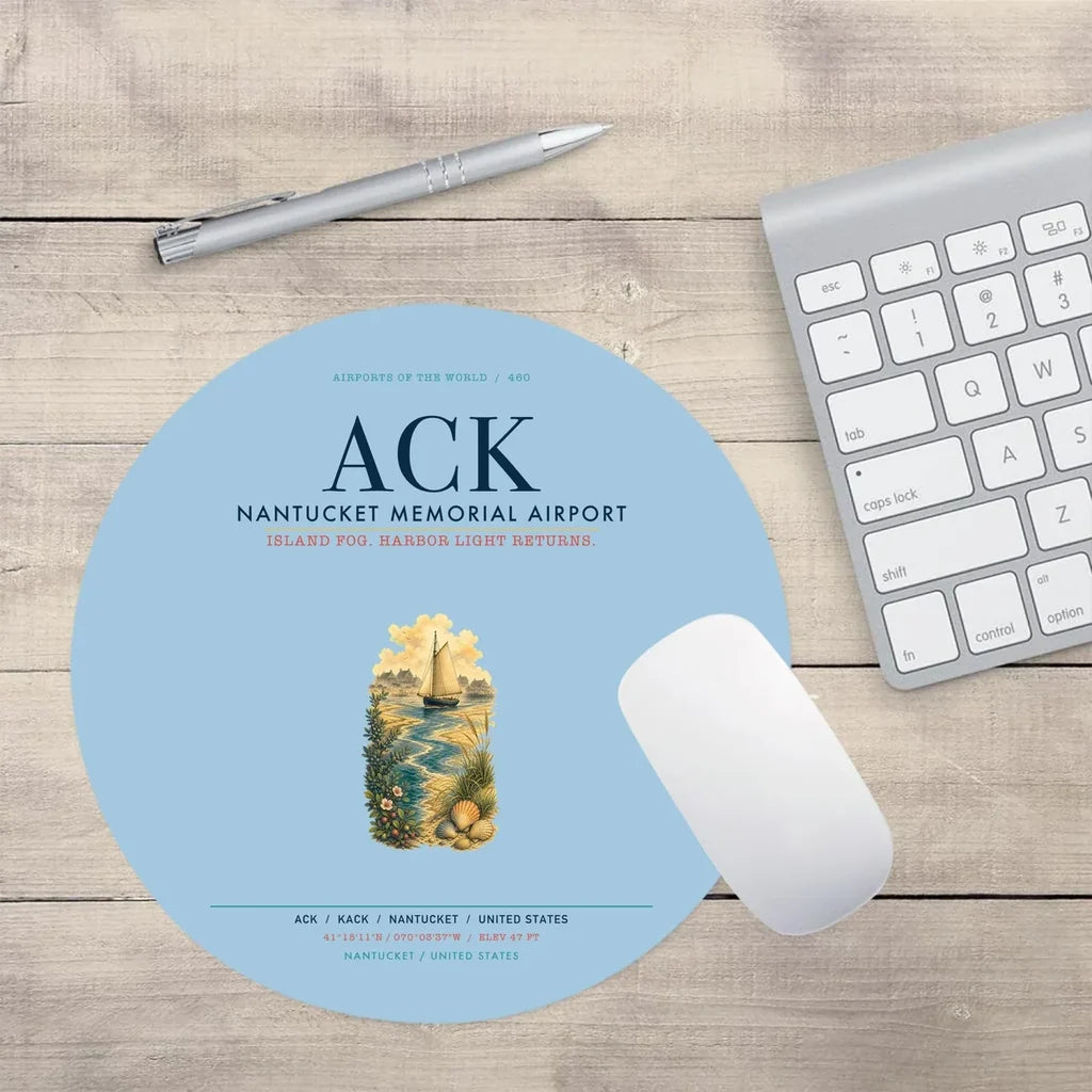 Nantucket Memorial Airport (ACK) design on light blue round mouse pad