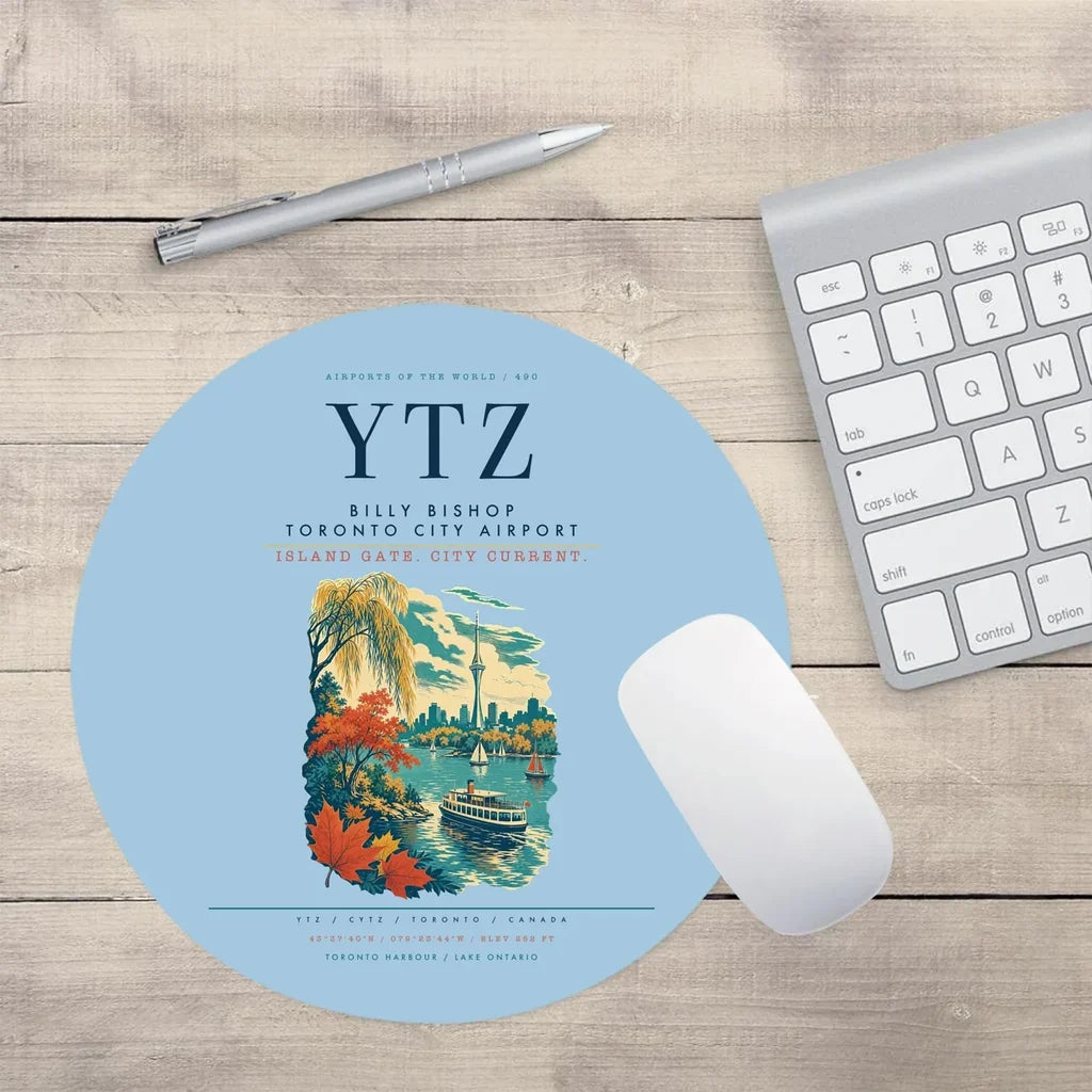 Billy Bishop Toronto City Airport (YTZ) design on light blue round mouse pad