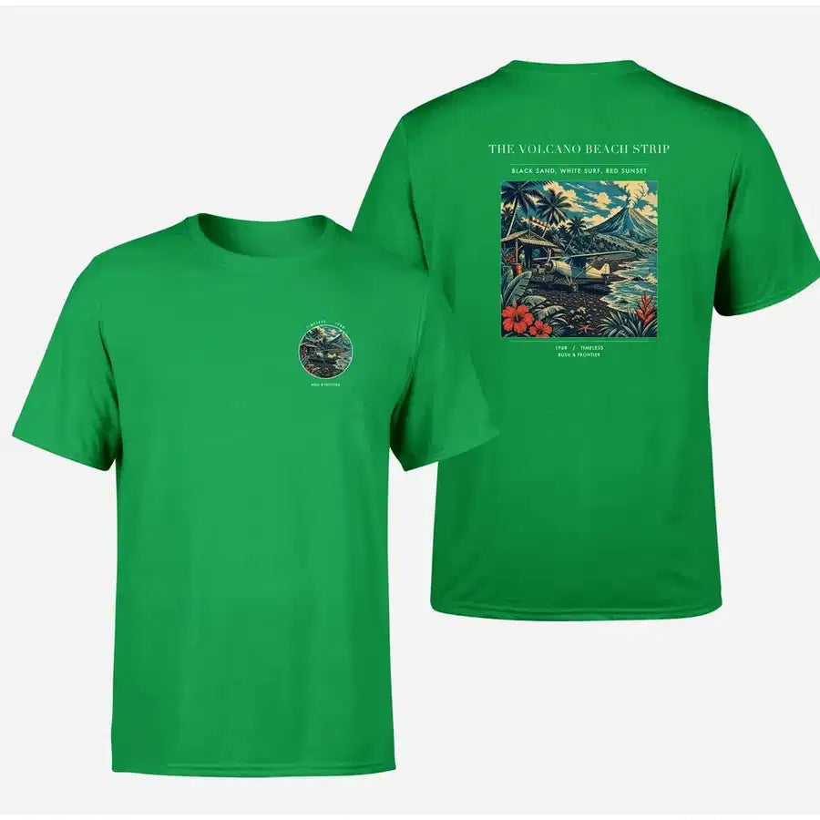 VINTAGE G4405 - The Volcano Beach Strip - Double-Side T-Shirt design on green double side t shirt
