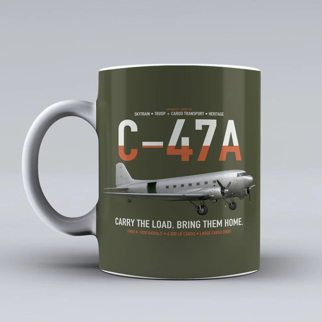 C-47A Skytrain design on green army ceramic mug, double-side print