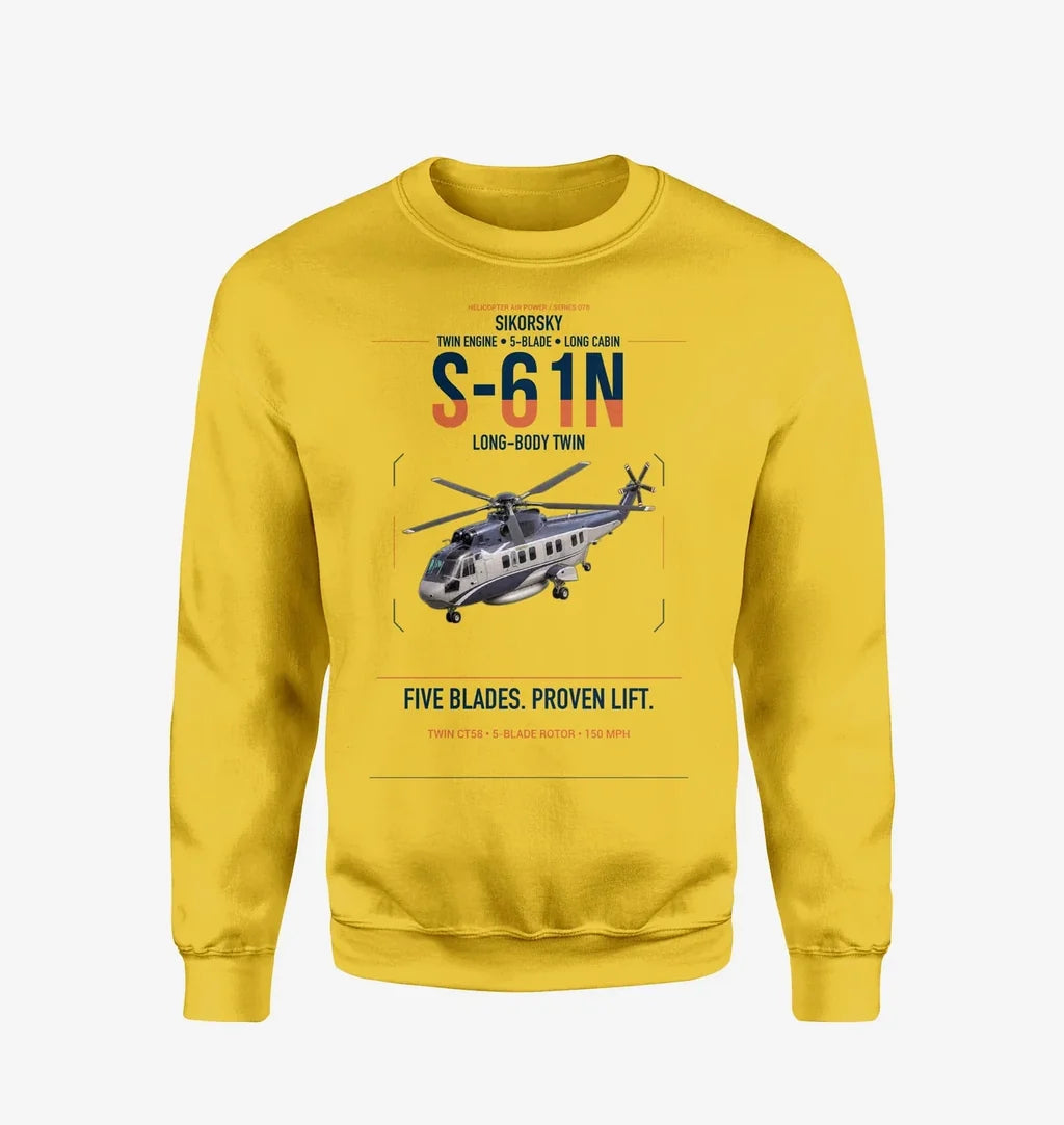Sikorsky S-61N design on yellow sweatshirt