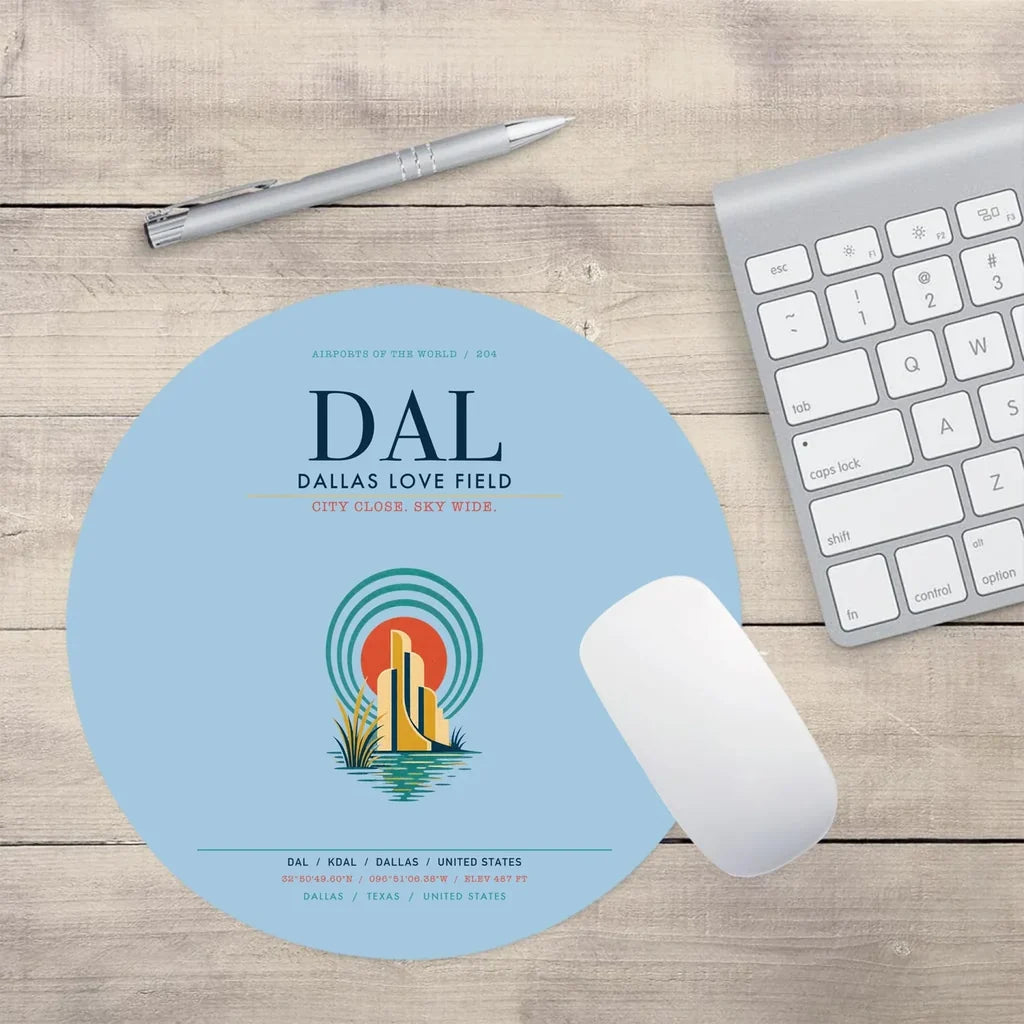 Dallas Love Field (DAL) design on light blue round mouse pad