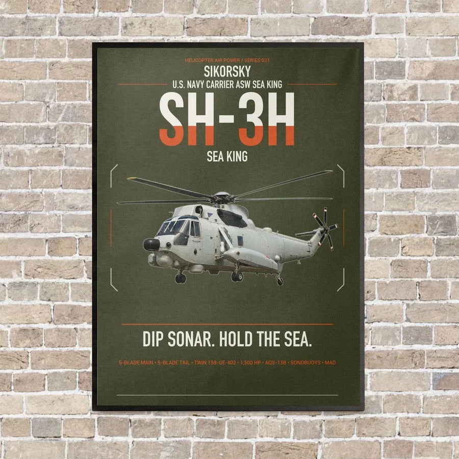 Sikorsky SH-3H Sea King vertical canvas print - framed - green army background