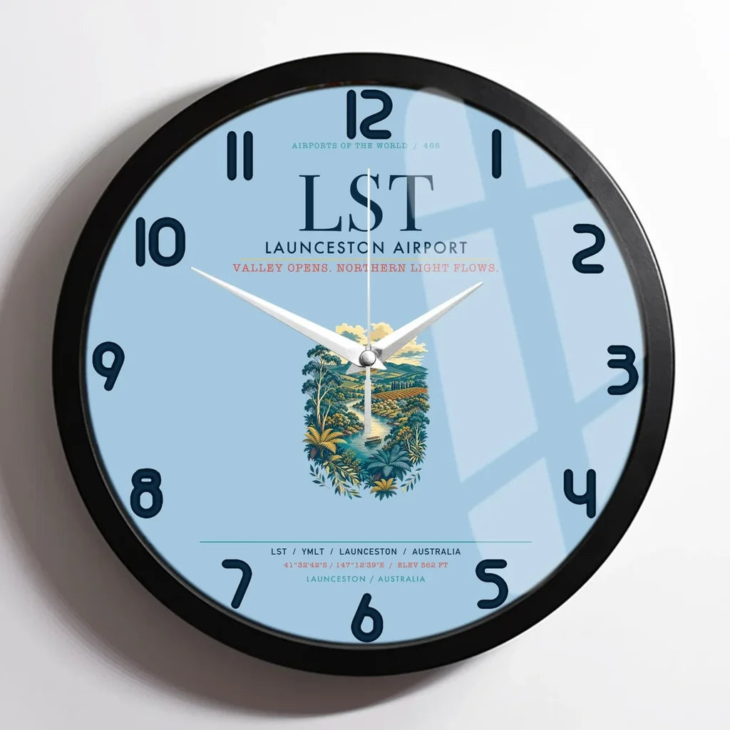 Launceston Airport (LST) design on light blue framed wall clock