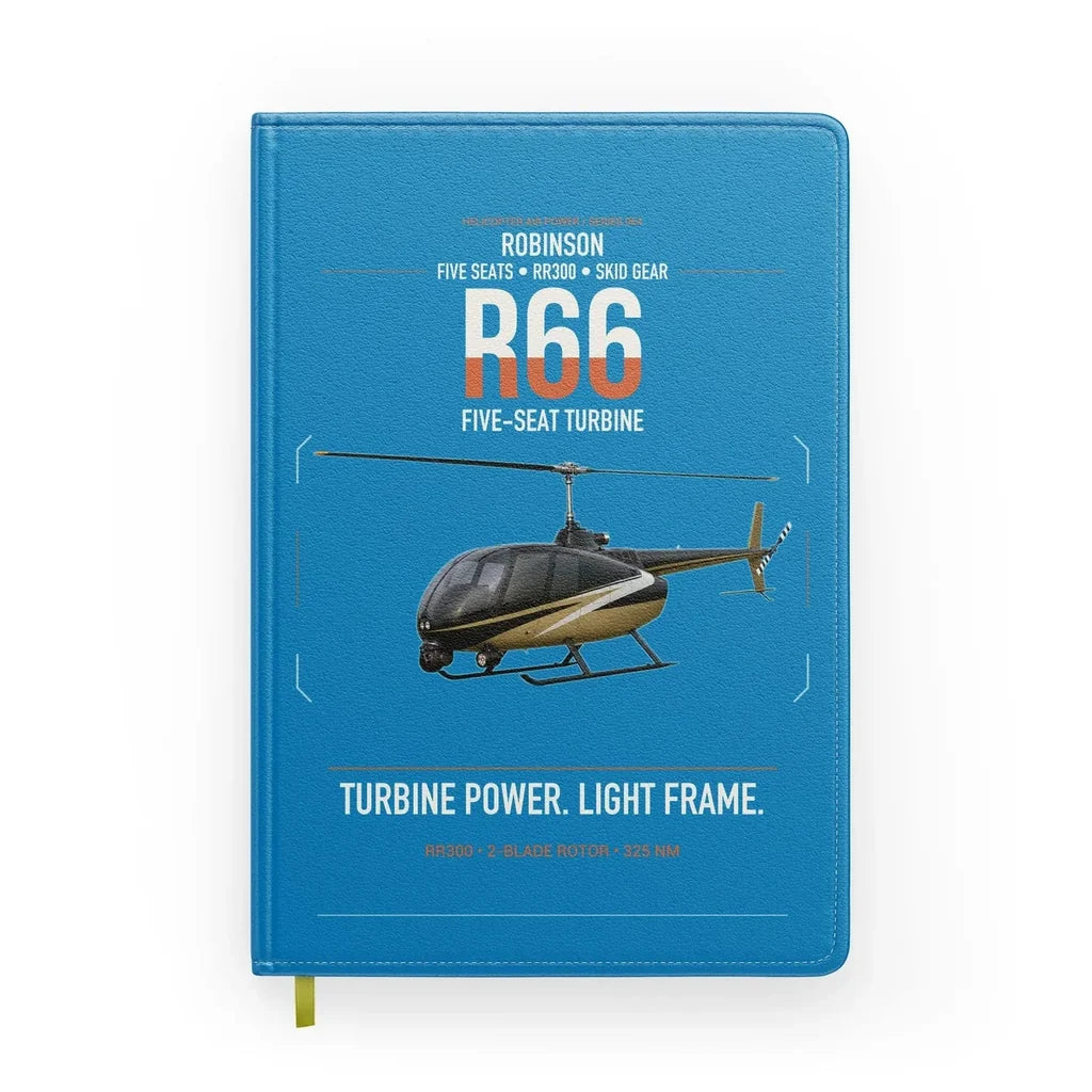 Robinson R66 design on turquoise notebook