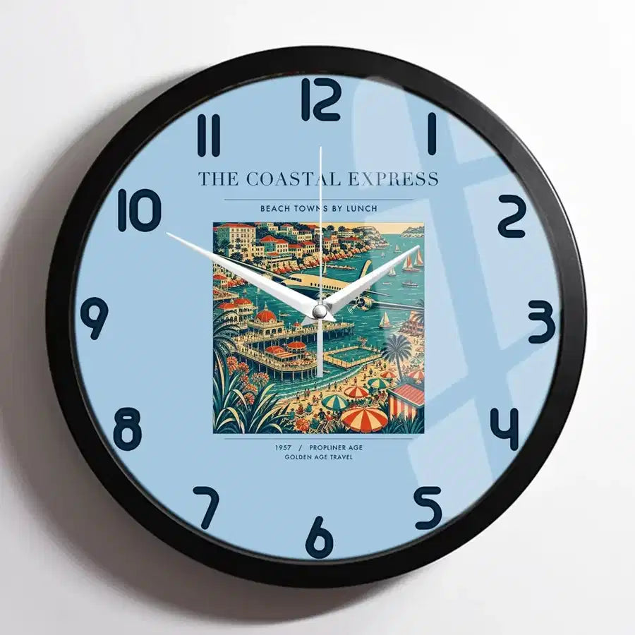 VINTAGE G4096 - The Coastal Express - Designed Wall Clocks design on lightblue framed
