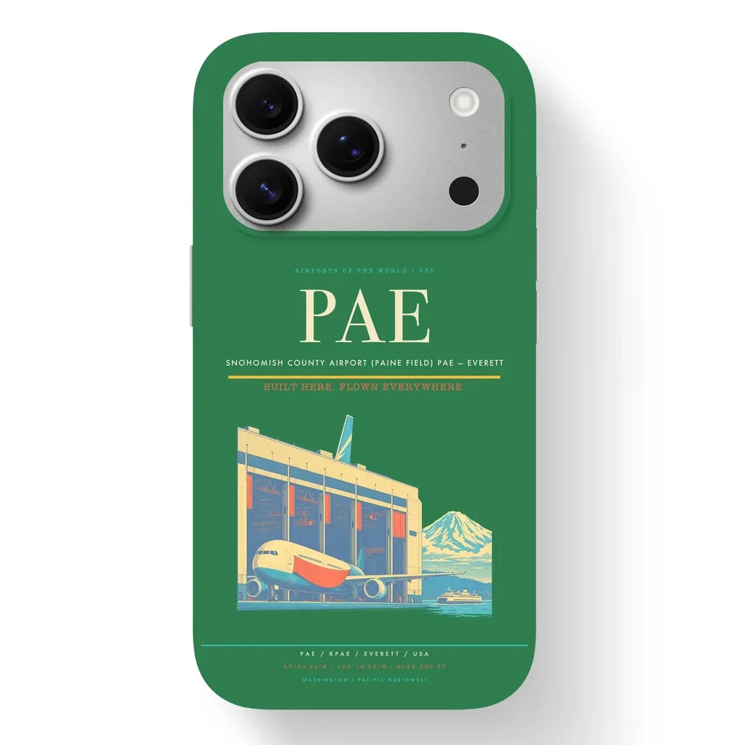 Everett Airport (PAE) design on green iPhone 17 Pro MagSafe case
