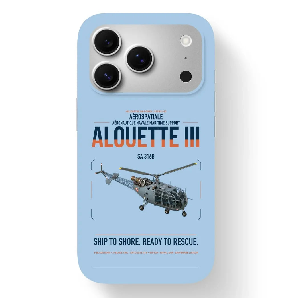 Aérospatiale SA 316B Alouette III design on light blue magsafe iphone case, for iPhone 17 Pro