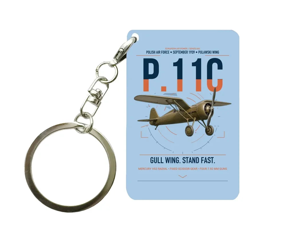 PZL P.11c design on light blue designed key chain, double-side print