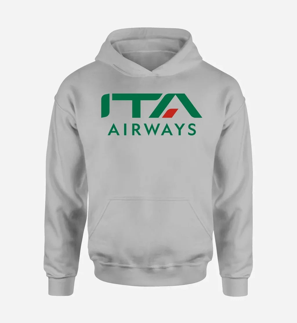 ITA Airlines logo printed on light gray hoodie