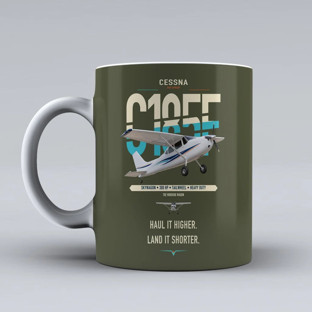 Cessna A185F Skywagon design on green army ceramic mug, double-side print