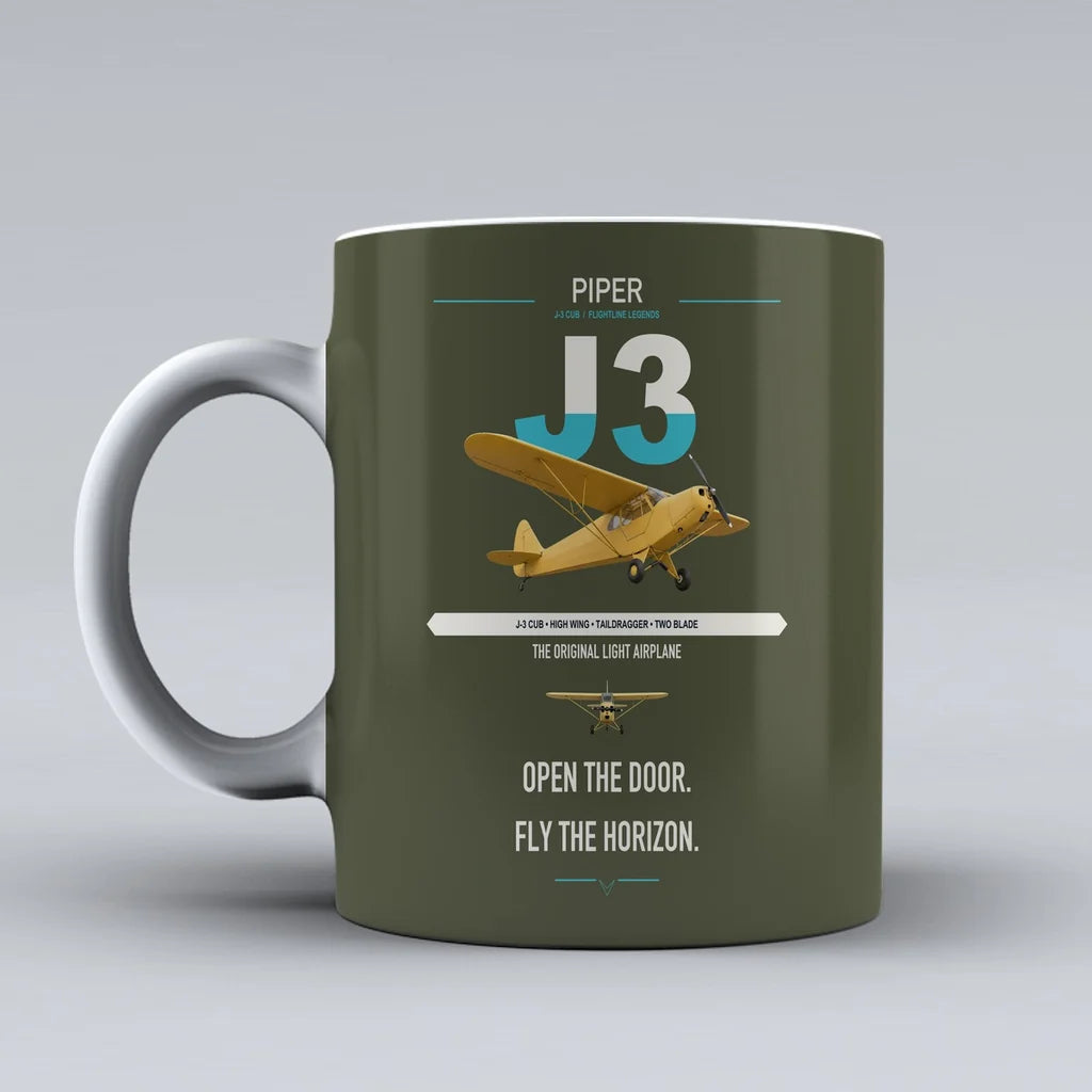 Piper J-3 Cub design on green army ceramic mug, double-side print