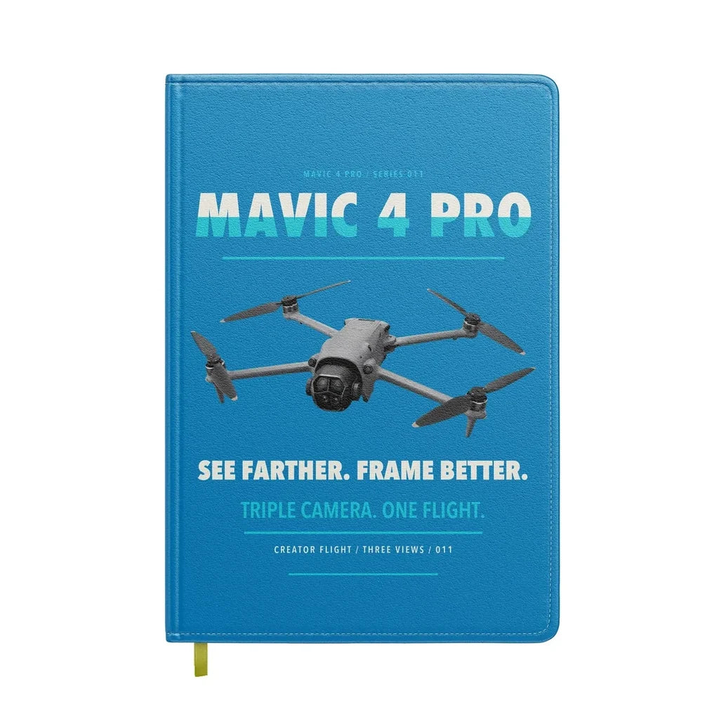 DJI Mavic 4 Pro design on turquoise notebook