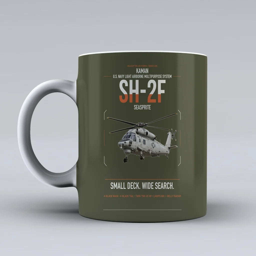 Kaman SH-2F Seasprite design on green army ceramic mug, double-side print