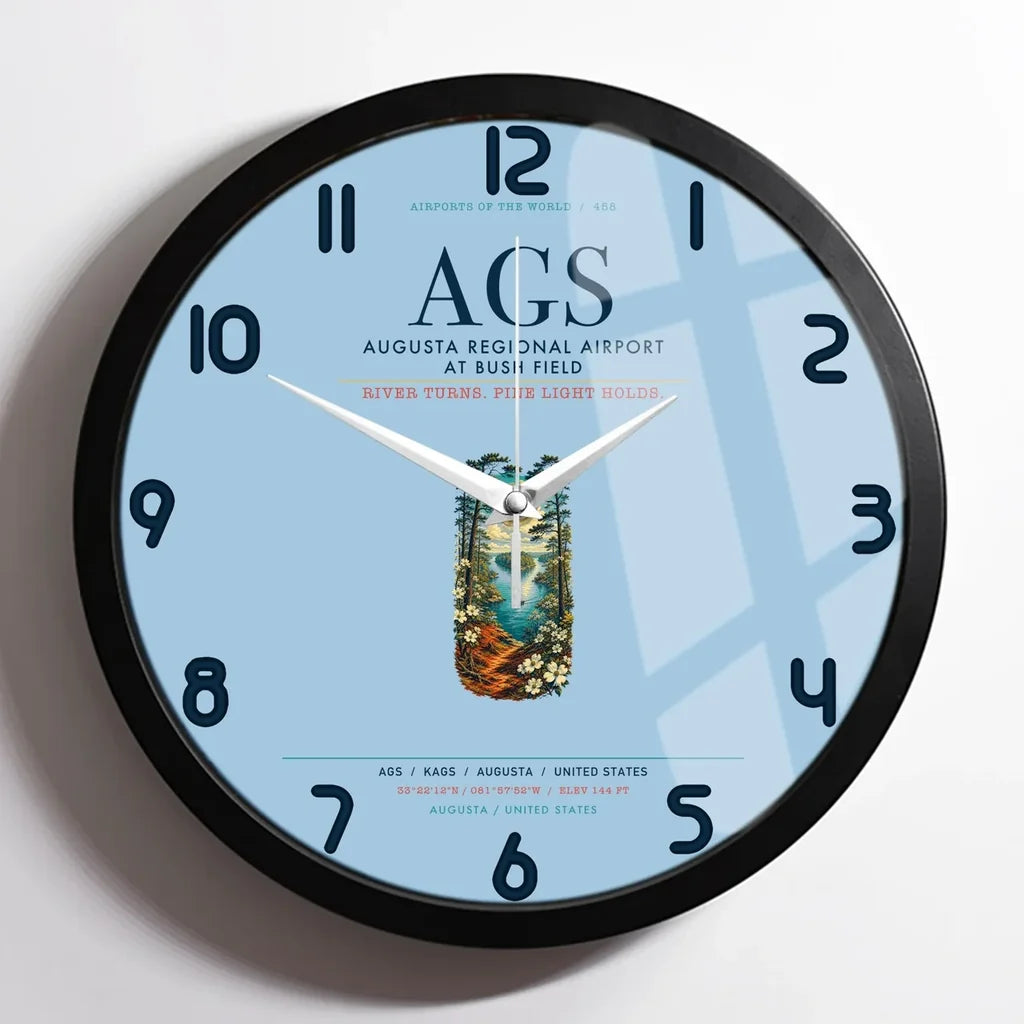 Augusta Regional Airport at Bush Field (AGS) design on light blue framed wall clock