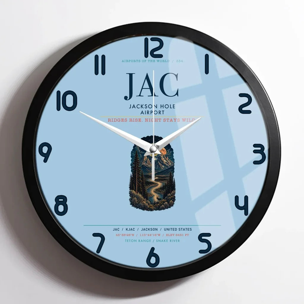 Jackson Hole Airport (JAC) design on light blue framed wall clock