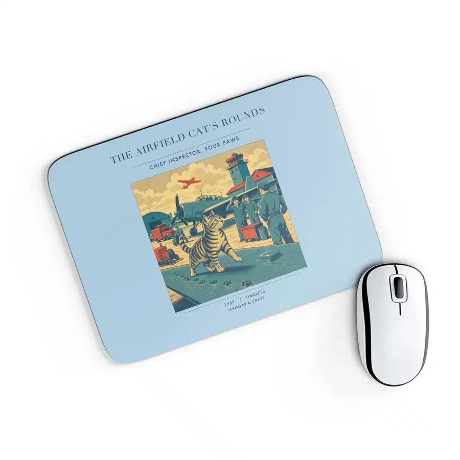 VINTAGE G4456 - The Airfield Cat's Rounds - Designed Mouse Pads design on lightblue rectangle