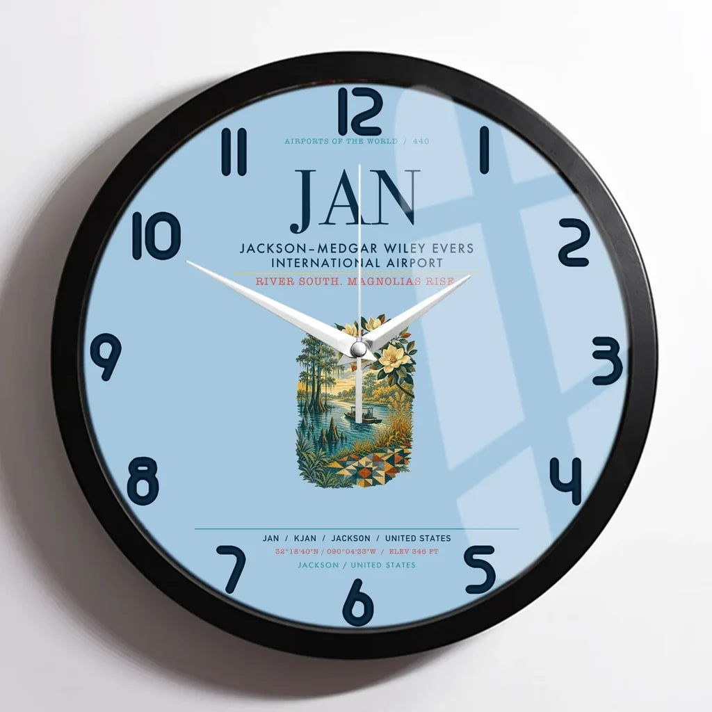 Jackson–Medgar Wiley Evers International Airport (JAN) design on light blue framed wall clock