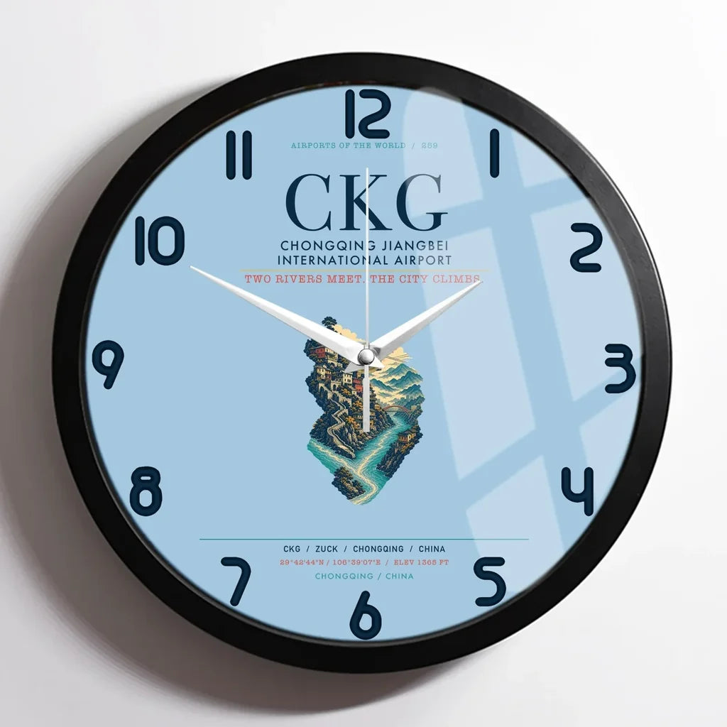 Chongqing Jiangbei International Airport (CKG) design on light blue framed wall clock