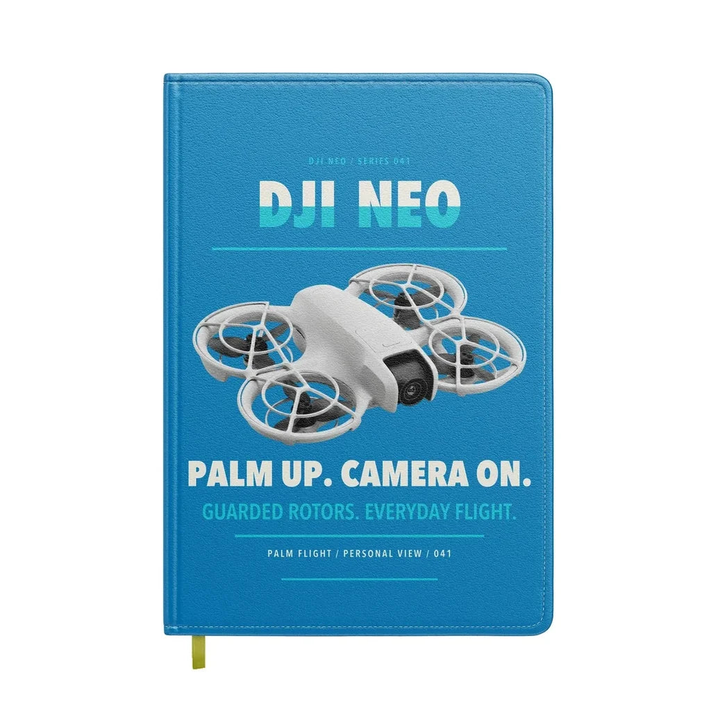 DJI Neo design on turquoise notebook