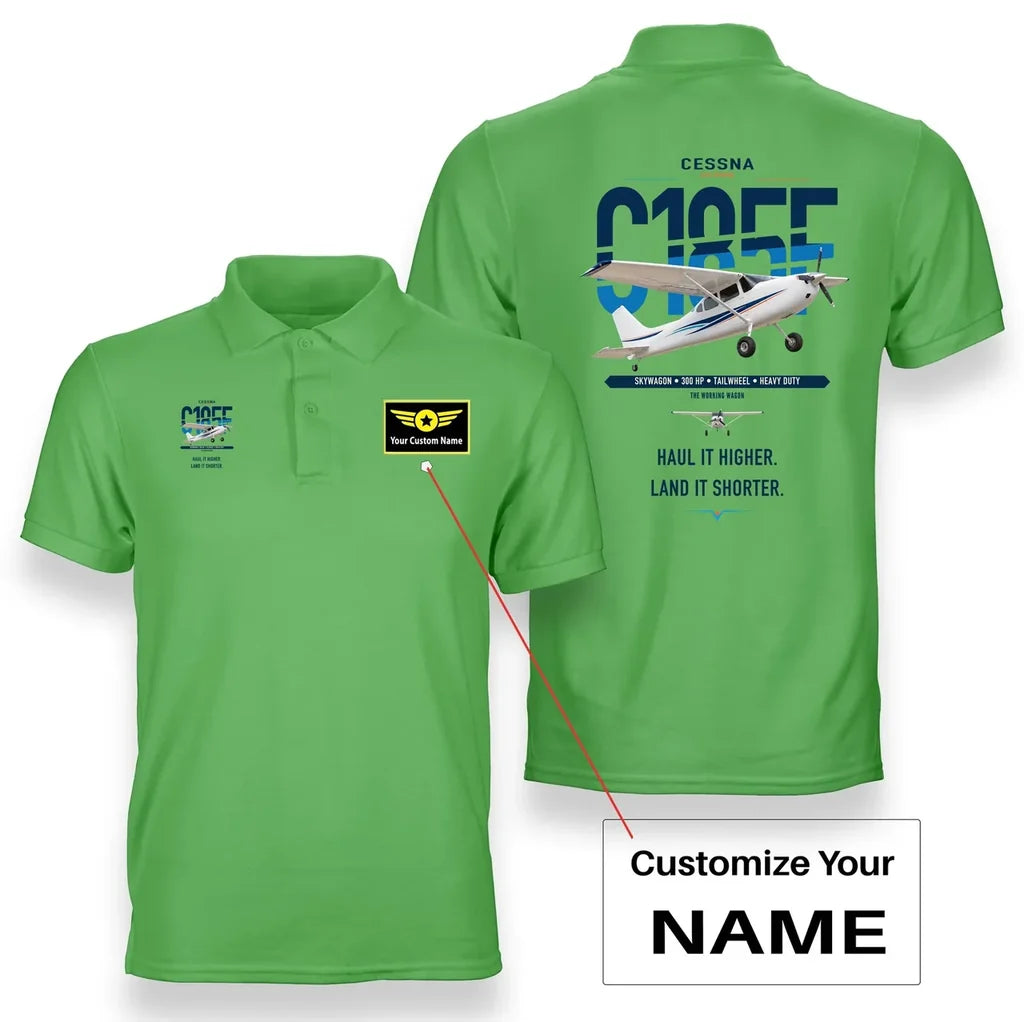 Cessna A185F Skywagon design on light green+name double-side polo t-shirt, double-side print