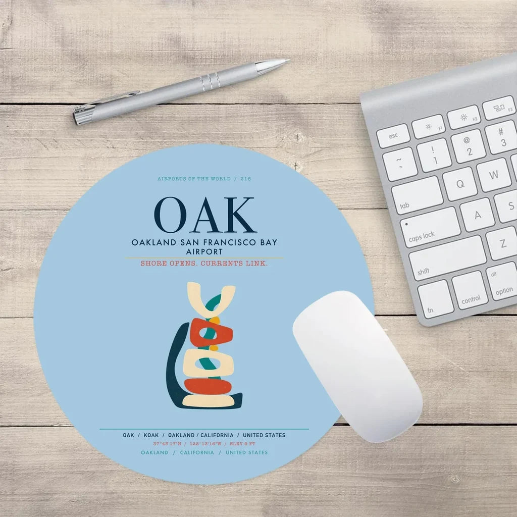 Oakland San Francisco Bay Airport (OAK) design on light blue round mouse pad
