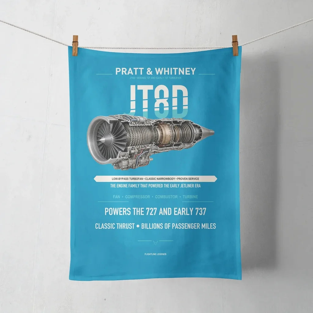 JT8D design on turquoise towel