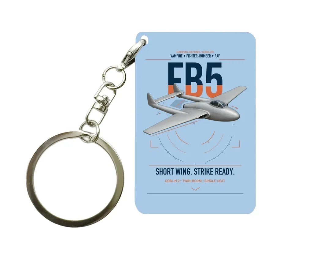 de Havilland Vampire FB5 design on light blue designed key chain, double-side print