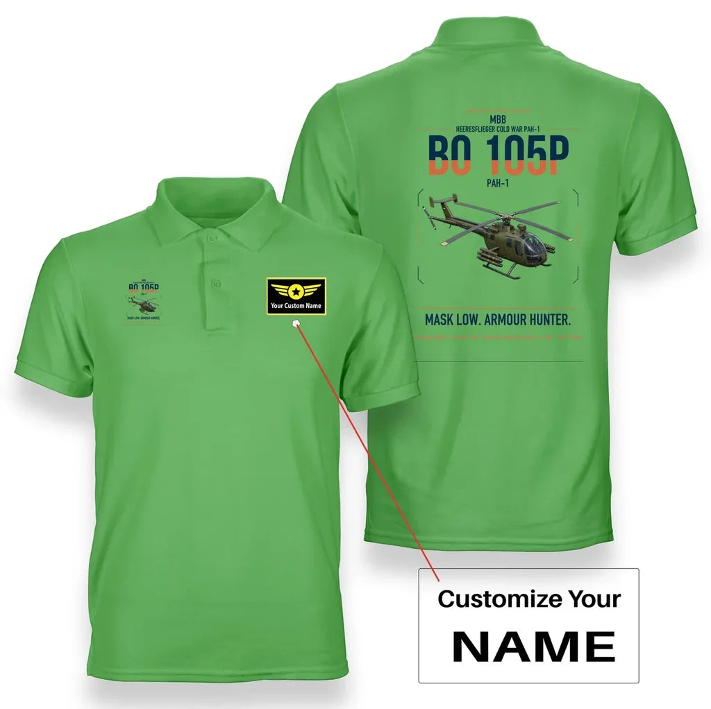 MBB BO 105P PAH-1 design on light green+name double-side polo t-shirt, double-side print